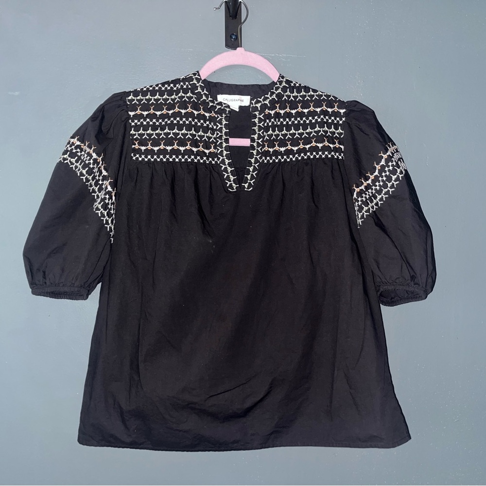 Black Embroidered Puff Sleeve Women's Top M